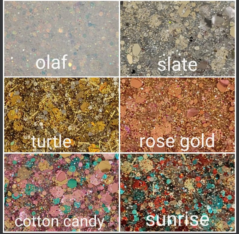 May include: A close-up of six different glitter colours, labelled "olaf", "slate", "turtle", "rose gold", "cotton candy", and "sunrise".