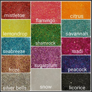May include: A collection of 12 glitter jars with different colours and names, including mistletoe, flamingo, citrus, lemondrop, savannah, shamrock, seabreeze, madi, sugarplum, froz&eacute;, peacock, silver bells, snow, and licorice.