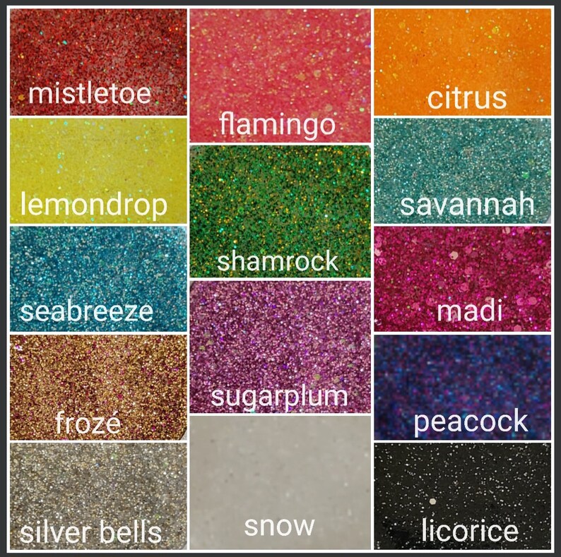 May include: A collection of 12 glitter jars with different colours and names, including mistletoe, flamingo, citrus, lemondrop, savannah, shamrock, seabreeze, madi, sugarplum, froz&eacute;, peacock, silver bells, snow, and licorice.