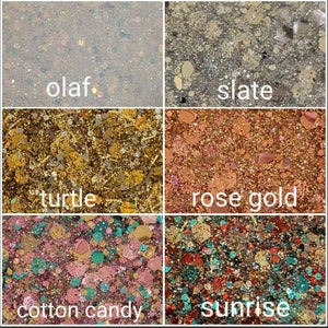 May include: A close-up of six different glitter colors, labeled "olaf", "slate", "turtle", "rose gold", "cotton candy", and "sunrise".