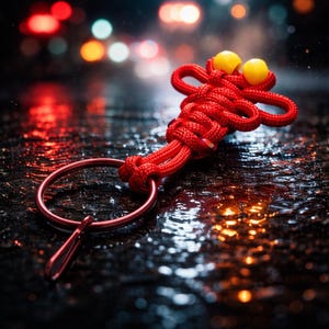 May include: A red Chinese knot keychain with a circular keyring and clasp. The knot is made of woven red cord and features two yellow spherical accents. The background is blurred with bokeh lights.