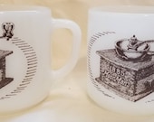 Vintage set of 2 Federal milk glass 1885 MoorMan 39 s Feed Coffee Grinder Mug Advertising