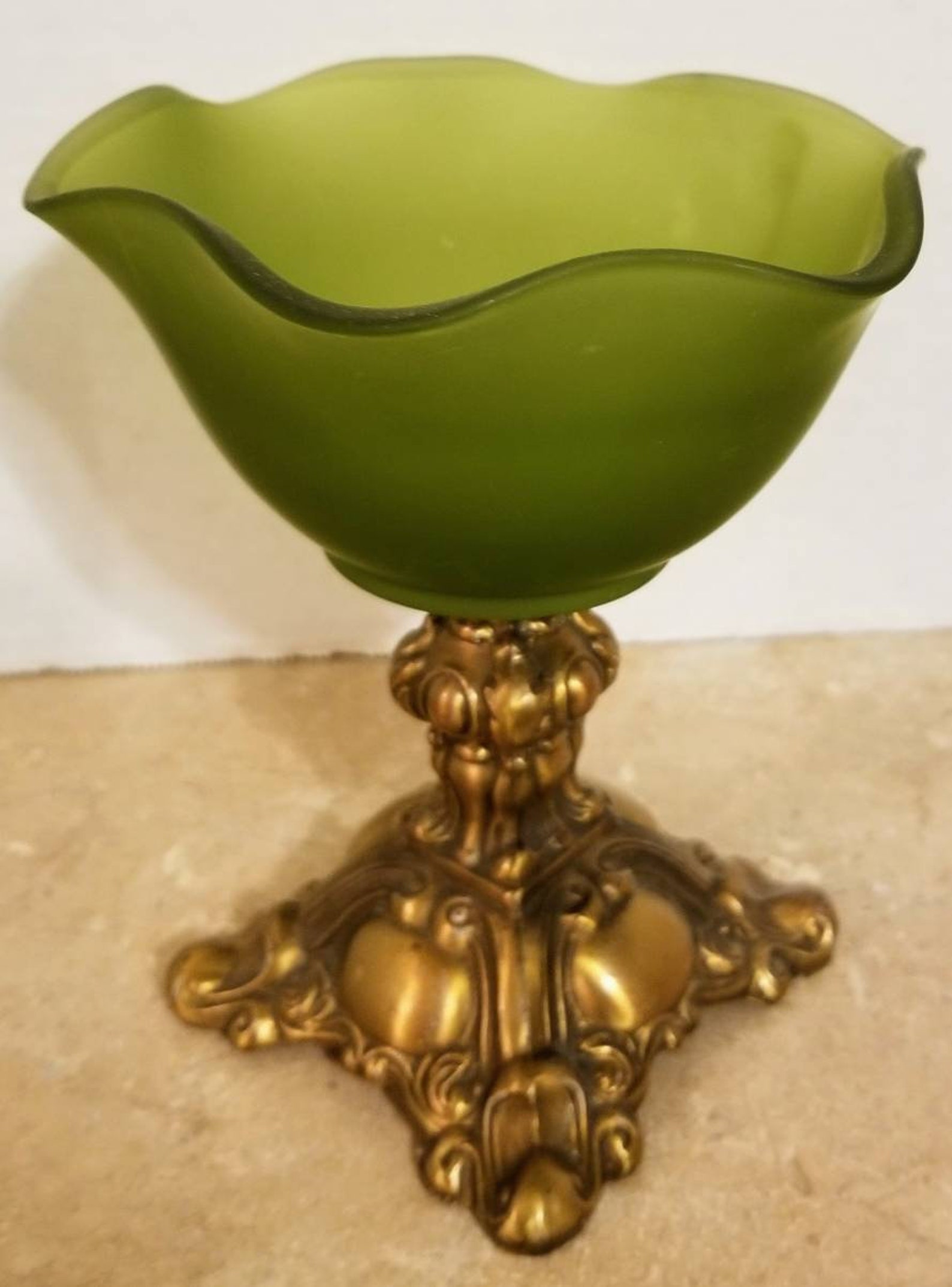 Vintage Green Satin Glass Pedestal Bowl Gold Metal Base Etsy