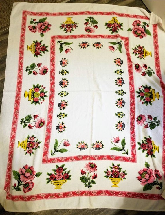 Vintage Terry Cloth Tablecloth 60 X 50 Pink Floral Etsy