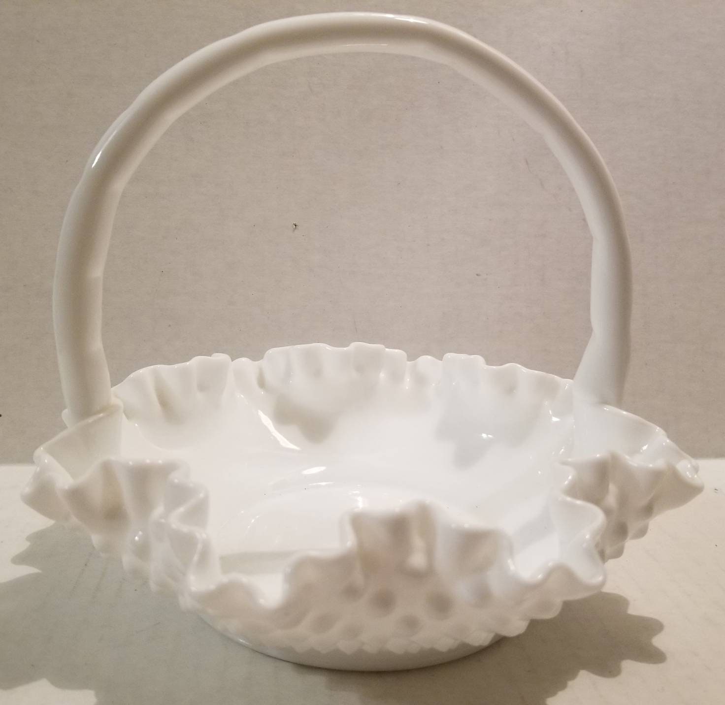 Vintage Fenton Basket Hobnail Milk Glass Ruffled Handle Basket Etsy