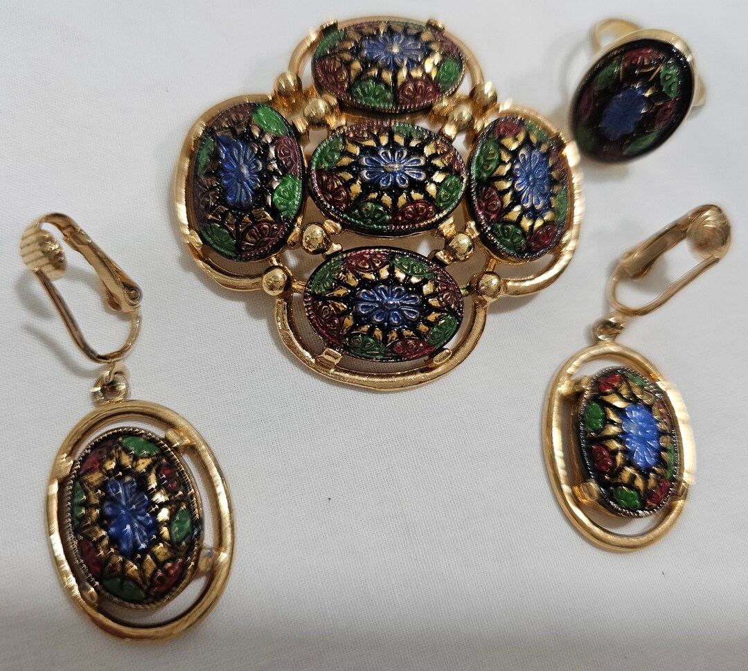 Vintage Sarah Coventry Light of the East Mosaic Brooch Ring & Earrings
