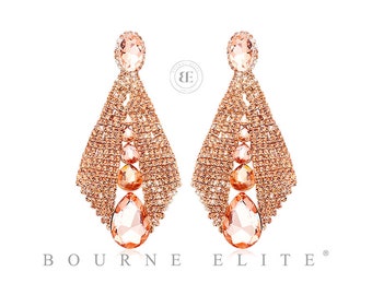 Crystal EarringsLong Chain EarringsPeach Pink Earrings