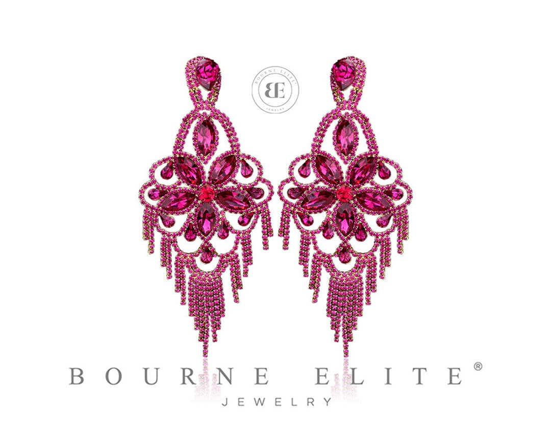 Fuchsia OVERSIZED 6 Chandelier Earrings Fuchsia Gold Etsy