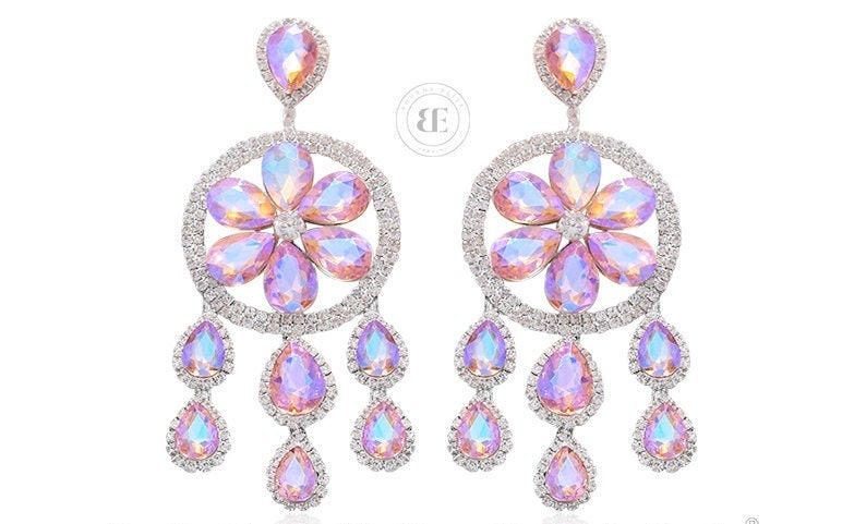 Pink Pageant Earrings Pink Rhinestone Earrings Light Pink AB Round Chandelier Earrings Light Pink Prom Earrings Long Pink Earrings