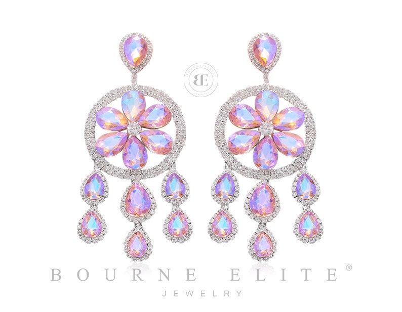 Pink Pageant Earrings Pink Rhinestone Earrings Light Pink AB Round Chandelier Earrings Light Pink Prom Earrings Long Pink Earrings