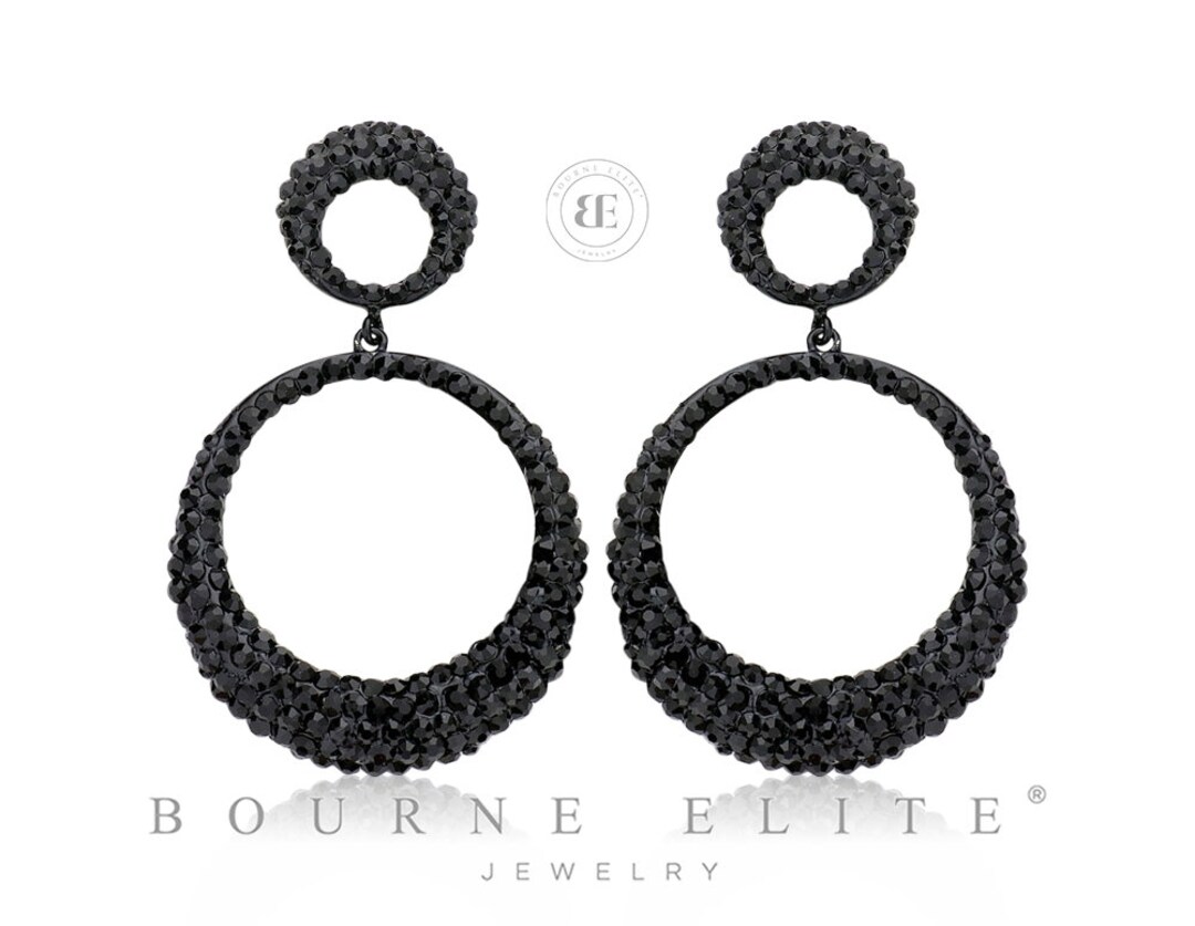 Black 3 Hoop Earrings Black 60's Rhinestone Hoop Earrings Black Prom