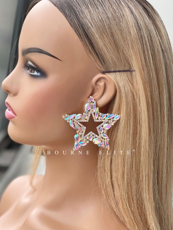 Aurora Borealis Gold 2.7 Star Earrings LARGE AB Gold Star Earrings