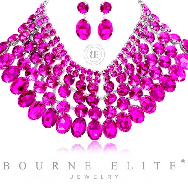 Ensemble de colliers à bavoirs fuchsia | Collier en argent fuchsia | Collier bavoir rose chaud | Ensemble de colliers Fuchsia | Collier de bal Fuchsia Collier rose