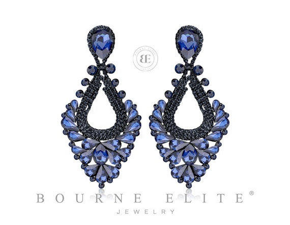 Navy LARGE 4.25 Crystal Evening Earrings Navy Prom Earrings Navy
