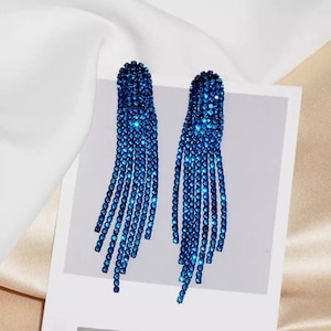 Blue 3.5" Fringe Earrings | Blue Prom Earrings | Blue Pageant Earrings | Blue Statement Earrings | Blue Party Earrings | Blue Drop Earrings
