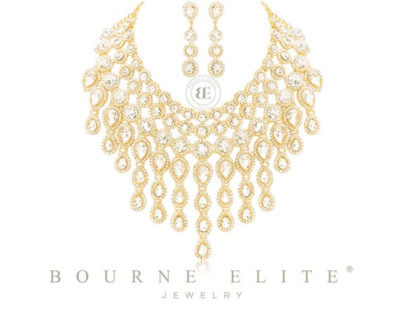 Gold Clear Chandelier Necklace Set Gold 