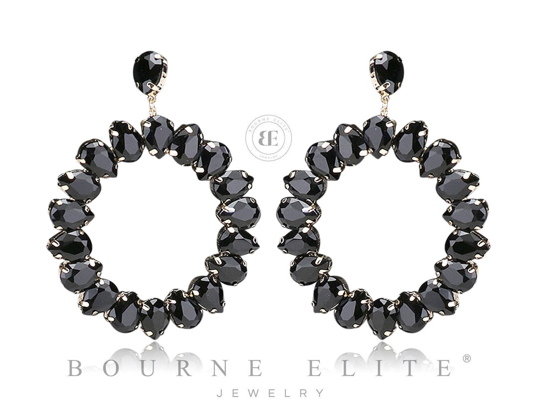 Black Gold CHUNKY Hoop Earrings Black Rhinestone Hoop Earrings Prom