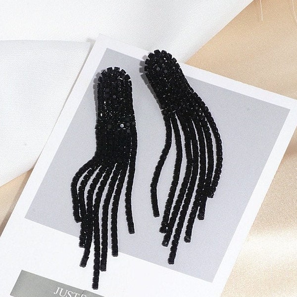 Black 3.5" Fringe Earrings | Black Prom Earrings | Black Pageant Earrings | Black Statement Earrings | Black Party Earrings | Black Earrings