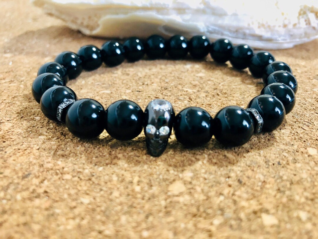 Men's Skull Bracelet, Men's Beaded Bracelet, Energy Bracelets, Man Bracelet, Cubic Zirconia