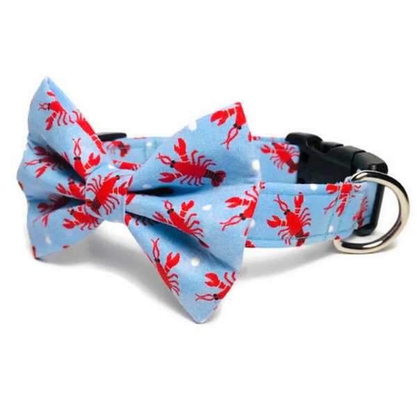 Red Lobster Dog Collar with Bow Tie, Spring or Summer Boy Dog Collar and Bowtie for Craw Fish Boil, Puppy Blue Collar,  Pet Nautical Collar