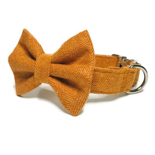 Flannel Light Brown Dog Collar with Bow Tie, Camel Brown Herringbone Autumn Pet Collar and Bow, Gold Yellow Puppy Collar