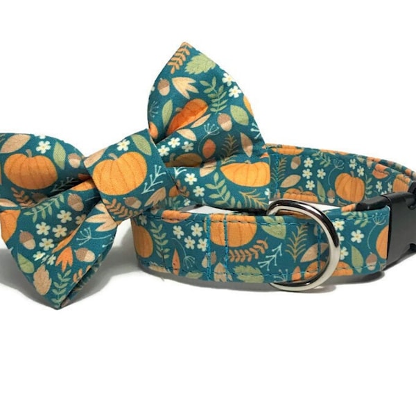 Harvest Pumpkin Dog Collar Bow Tie in Teal , Fall Autumn Thanksgiving Dog Collar, Pet Collar Bow Tie