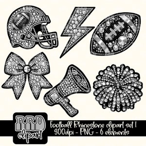 Könnte beinhalten: Ein Set mit sechs Strass-Clipart-Bildern zum Thema Football. Die Bilder beinhalten einen Footballhelm, einen Football, einen Blitz, eine Cheerleader-Schleife, ein Megaphon und einen Pompon.