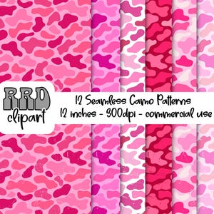 May include: A selection of 12 seamless camo patterns in various shades of pink. The designs feature organic, irregular shapes. The image includes the text "RRD clipart" and "12 Seamless Camo Patterns 12 inches (30.48 cm) - 300dpi - commercial use."