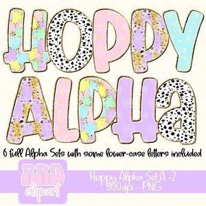 May include: Hoppy Alpha Set A-2, a set of colorful, glittery letters with a polka dot and plaid pattern. The letters are in a pastel color scheme with gold glitter accents. The letters are 300dpi and in PNG format.