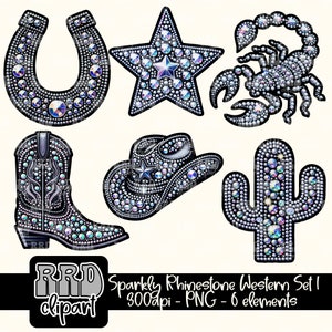 May include: A set of six sparkly rhinestone western themed images. The images include a horseshoe, a star, a scorpion, a cowboy hat, a cowboy boot, and a cactus. The images are all in a silver color with iridescent rhinestones.