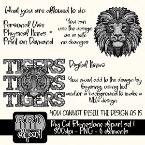 Pu&ograve; includere: Set di clipart di strass in bianco e nero con una testa di leone, una faccia di tigre e la parola "TIGERS". Il testo indica i diritti di utilizzo e la frase "Big Cat Rhinestone clipart set 1".