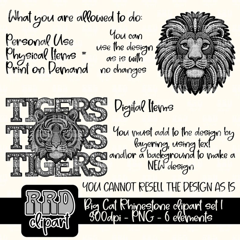 Pu&ograve; includere: Set di clipart di strass in bianco e nero con una testa di leone, una faccia di tigre e la parola "TIGERS". Il testo indica i diritti di utilizzo e la frase "Big Cat Rhinestone clipart set 1".