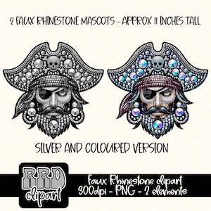 Puede incluir: Dos imágenes de clipart de mascota de pirata de imitación de diamantes de imitación. Una es plateada y la otra es una versión de color. Las imágenes son archivos PNG de 300 dpi y tienen aproximadamente 11 pulgadas de alto.