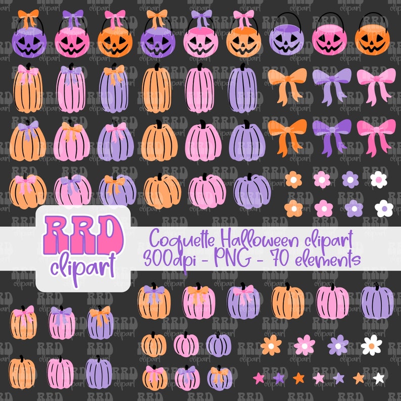 May include: A set of 70 Halloween clipart elements in pink, purple, orange, and white. The elements include pumpkins, bows, stars, and flowers. The clipart is 300 dpi and in PNG format.