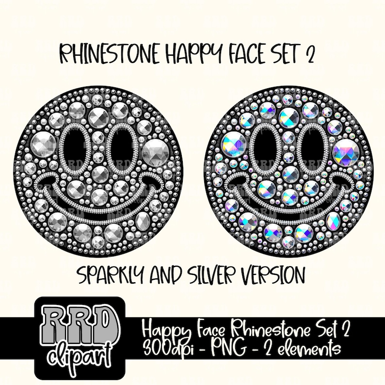 Pu&ograve; includere: Due disegni di faccine sorridenti con strass. Uno &egrave; argentato, l'altro iridescente. I volti hanno occhi e sorrisi neri, con la scritta "RHINESTONE HAPPY FACE SET 2" sopra. Sotto i volti c'&egrave; la scritta "SPARKLY AND SILVER VERSION".