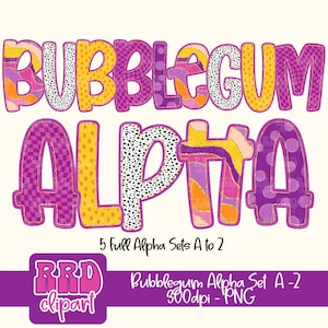 Può includere: Un set di lettere dell'alfabeto a tema bubblegum. Le lettere sono di vari colori, tra cui rosa, viola, giallo e arancione. Le lettere sono decorate con pois, strisce e altri motivi. Il testo "Bubblegum Alpha Set A-2 300dpi - PNG" è nella parte inferiore dell'immagine.