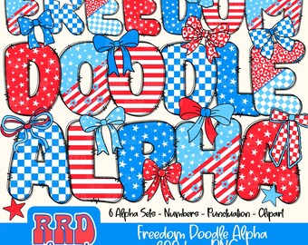 Coquette Patriotic Doodle Alphabet, Fourth of July Coquette PNG, Floral Coquette Doodle Letters, USA Coquette Bow Alphabet, Coquette Bow PNG