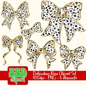 May include: Set of six digital clipart images of gold glitter bows with a Dalmatian spot pattern. The bows are in various sizes and positions. The text "Dalmatian Bow Clipart Set 300dpi - PNG - 6 elements" is at the bottom of the image.