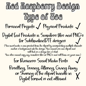 Pu&ograve; includere: Un grafico color crema con il testo "Red Raspberry Design" e "Type of Use". Dettaglia gli usi consentiti: progetti personali, prodotti fisici, prodotti digitali e post sui social media. La rivendita del pacchetto di clipart non &egrave; consentita.