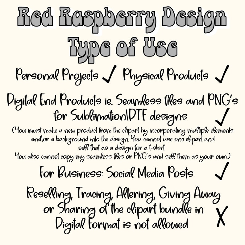 Pu&ograve; includere: Un grafico color crema con il testo "Red Raspberry Design" e "Type of Use". Dettaglia gli usi consentiti: progetti personali, prodotti fisici, prodotti digitali e post sui social media. La rivendita del pacchetto di clipart non &egrave; consentita.