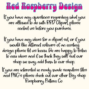 May include: Text on a cream background with the words "Red Raspberry Design" in pink and blue. The text provides information about RRD Clipart, including usage guidelines, requests for new clipart ideas, and information about seamless files and PNGs.