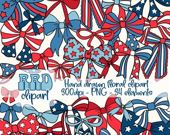 4th of July Coquette Bows Clipart, Red White Blue Clipart, Coquette Bows Clipart,Patriotic Floral Clipart,Hand Drawn Clipart,Fourth of July