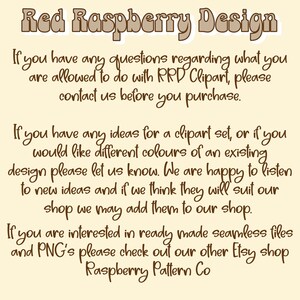 May include: Text on a cream background with brown text that reads "Red Raspberry Design". The text continues with instructions for customers regarding clipart and design requests. The text ends with "Raspberry Pattern Co."
