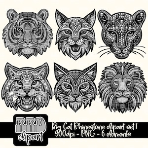 Puede incluir: Un conjunto de seis imágenes de clip art de cabeza de animal de strass en blanco y negro. Los animales incluyen un tigre, un lince, un puma, un león y dos linces. Las imágenes son de 300 ppp y en formato PNG.  Big Cat Rhinestone clipart set 1 300dpi - PNG - 6 elements