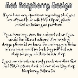 Pu&ograve; includere: Grafica testuale con le parole "Red Raspberry Design" in un font decorativo. Ulteriore testo fornisce informazioni sull'uso di clipart, richieste di design personalizzate e un link a un altro negozio Etsy.