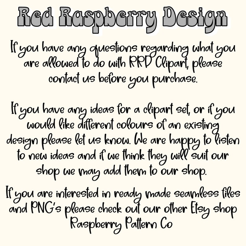 Pu&ograve; includere: Grafica testuale con le parole "Red Raspberry Design" in un font decorativo. Ulteriore testo fornisce informazioni sull'uso di clipart, richieste di design personalizzate e un link a un altro negozio Etsy.