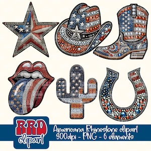 Puede incluir: Seis imágenes de clip art de pedrería con temática americana. Una estrella roja, blanca y azul, un sombrero de vaquero, una bota, una lengua, un cactus y una herradura.