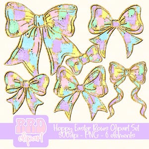 May include: A set of six pastel-colored bows with gold glitter accents. The bows are in various sizes and shapes, perfect for adding a touch of whimsy to Easter crafts and decorations.