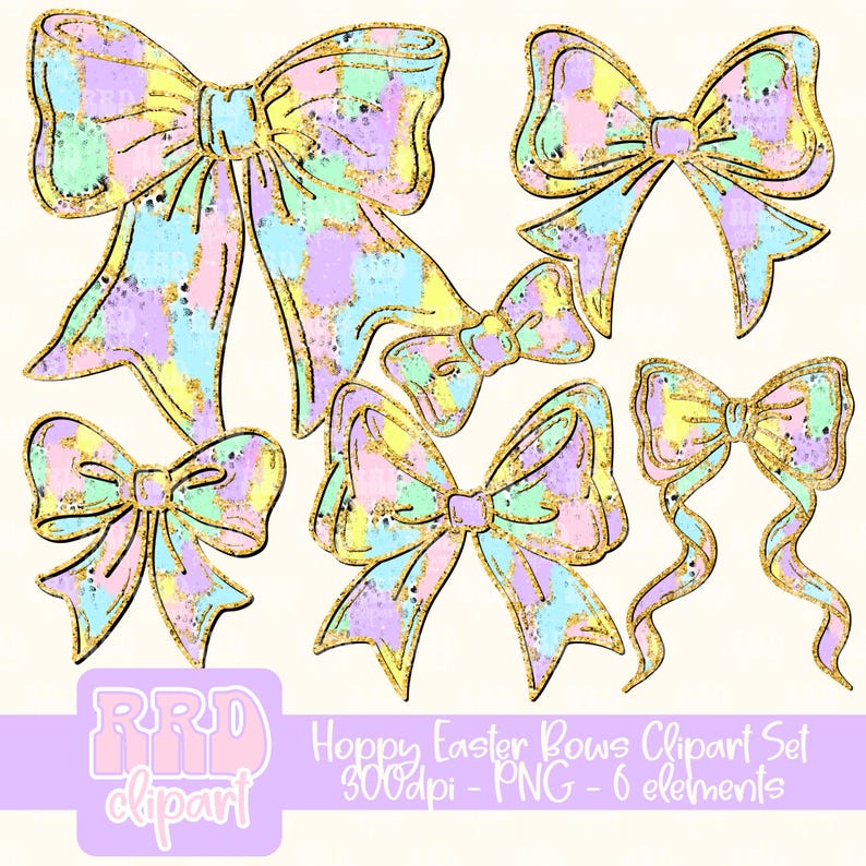 May include: A set of six pastel-colored bows with gold glitter accents. The bows are in various sizes and shapes, perfect for adding a touch of whimsy to Easter crafts and decorations.