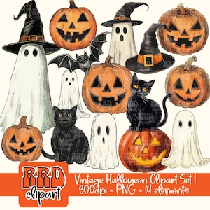 Clipart de Halloween vintage, PNG de Halloween nostálgico, Clipart de Halloween retro, Clipart de Halloween de los años 50, Jack-o-Lantern vintage de gato negro, PNG